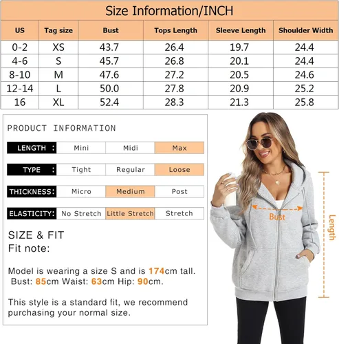 Vista 7 de ROYLAMP Sudaderas con capucha de gran tamaño con cremallera para mujer, sudaderas con capucha y bolsillos, para otoño e invierno
