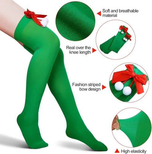 Vista 3 de SATINIOR 4 pares de calcetines altos de Navidad a rayas rojas y blancas con lazo sobre la rodilla, medias de bastones de caramelo, Bonito estilo.