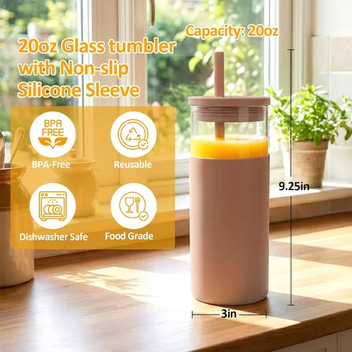 Vista 2 de Tronco Vaso de vidrio de 20 onzas con tapas y pajitas, vasos reutilizables para batidos con tapa de silicona, taza de café helado con funda
