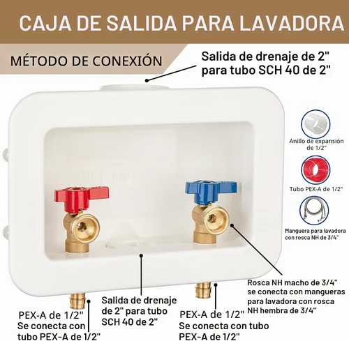 Vista 2 de [1 unidad] Lingmfg Caja de salida para lavadora PEX-A expansión con drenaje central de 2 pulgadas, expansión PEX-A de 1/2 pulgada, conecta mangueras