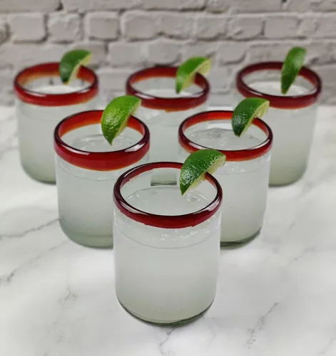 Vista 8 de Dos Sueños Vasos mexicanos soplados a mano, juego de 6 vasos con bordes rojos (10 onzas cada uno)