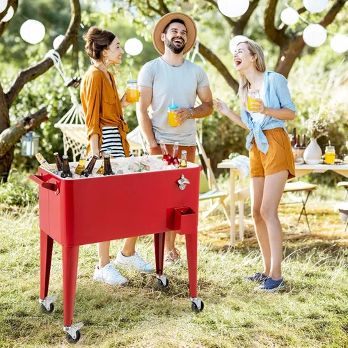 Vista 3 de HAPPYGRILL 80 Quart Rolling Cooler Cart with Lockable Wheels, Outdoor Beer Beverage Cooling Ice Chest with Bottle Opener & Cap Catcher, for Party
