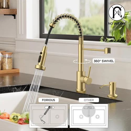 Vista 5 de Forious - Grifo dorado para fregadero de cocina, con 3 modos de pulverizador, mango único Oro