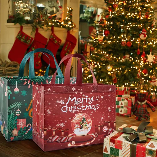 Vista 5 de YANGTE Paquete de 16 bolsas de Navidad con asas, bolsas de regalo no tejidas, 12.8" 9.8" 6.7