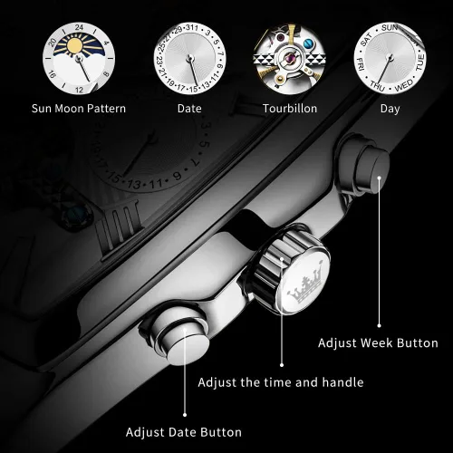Vista 5 de OLEVS Relojes automáticos para hombre, diseño de esqueleto, retro, rectangular, para negocios, de cuero, fase lunar, luminoso, impermeable