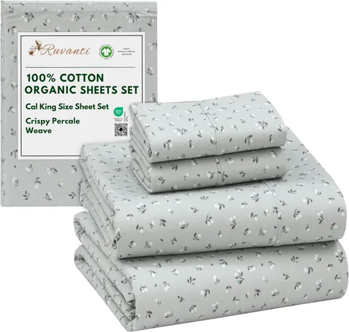 Vista 112 de RUVANTI Juego de sábanas de algodón orgánico 100% tamaño completo, tejido de percal, certificado GOTS, juego de 4 piezas, bolsillo profundo de 15