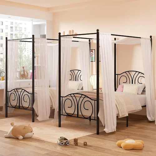 Vista 8 de VECELO - Marco de cama con dosel doble, cabecera vintage con voluta, color negro mate Twin canopy bed frame, Scrollwork metal headboard, Sturdy