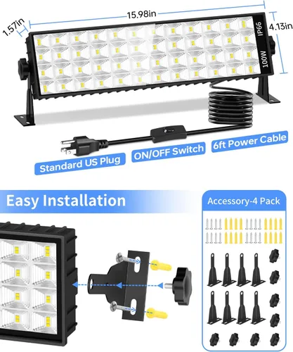 Vista 7 de Paquete de 4 Luces LED para Taller, 100W 11000LM Ultra Brillantes, Luz de Garaje Enchufable con Interruptor de Encendido/Apagado + Cable de 6 Pies