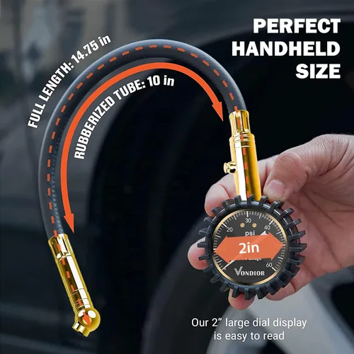 Vista 6 de Vondior Medidor de presión de neumáticos, certificado ANSI 0-100 PSI Medidor de neumático negro con tubo