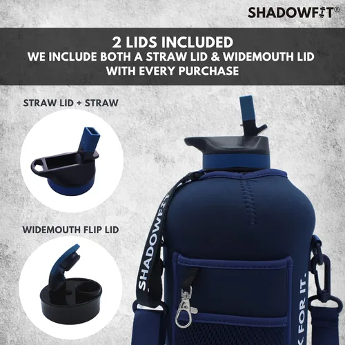 Vista 3 de Shadowfit Botellas de agua de medio galón (74 onzas, 2.2 litros) con mango de tapa de popote y funda de almacenamiento, soporte grande para jarra