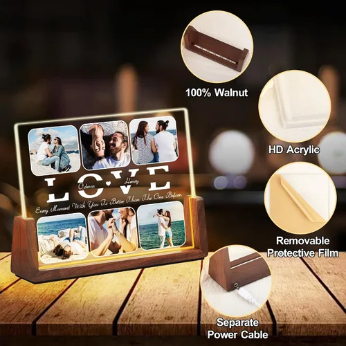 Vista 5 de Regalos de cumpleaños personalizados para parejas, para novio, novia, marido, esposa, marco de fotos iluminado con placa acrílica personalizada