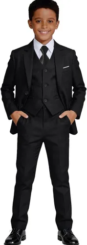 Vista 2 de Visaccy Traje formal para niños, traje de esmoquin ajustado para niños Traje negro corbata azul cuadros (4 piezas)