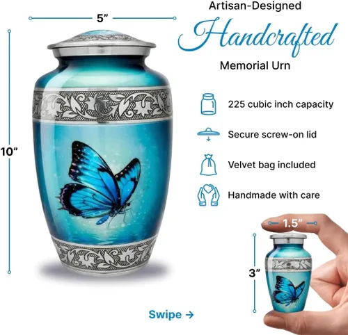 Vista 2 de Juego de 6 urnas de cremación decorativas personalizadas con diseño de mariposa azul para cenizas humanas, incluye 1 urna grande para cenizas