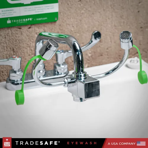 Vista 9 de TRADESAFE Estación de lavado de ojos de emergencia: estación de lavado de ojos para montaje en grifo aprobada por OSHA, estación de lavado de ojos