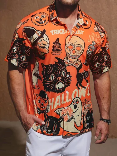 Vista 4 de Hardaddy Camisa de Halloween para hombre, manga corta, con botones, divertida impresión, casual