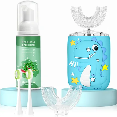 Vista 10 de Cepillo de dientes eléctrico en forma de U para niños, dinosaurio sónico, de boca completa, con 4 cabezales de cepillo suave, automático, 6 modos