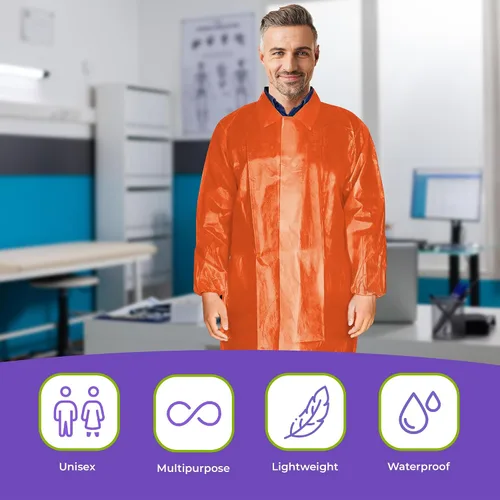 Vista 5 de AMZ Blue Disposable Lab Coats for Adults. 40 GSM PP + PE Unisex Disposable Lab Coat with Front Snaps, Elastic Wrists