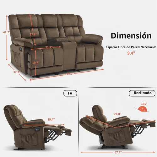 Vista 3 de MCombo Sillón reclinable de gravedad cero con consola, masaje con calor y vibración, sofá reclinable con puertos USB, portavasos para sala de estar
