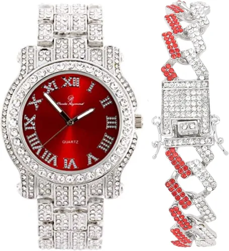 Vista 13 de Charles Raymond Reloj redondo de lujo para hombre totalmente incrustado con brillantes en plata con pulsera Bling-ed Out - L0504B