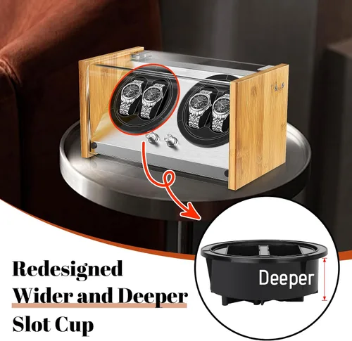 Vista 3 de Bobinadora de reloj para 4 relojes automáticos - Caja de bobinadora de relojes de bambú con motor silencioso, 4 modos de rotación Watch Winder Smith
