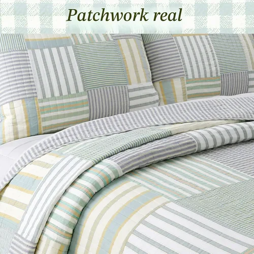 Vista 2 de Cozy Line Home Fashions Juego de ropa de cama de retazos reales a cuadros y rayas verdes, amarillos y azules, 100% algodón, colcha reversible
