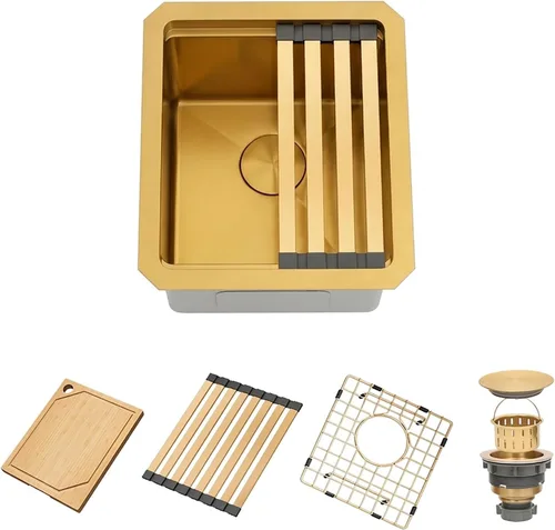 Vista 9 de Fregadero de barra dorada de 13 x 15 pulgadas, fregaderos de cocina dorados de acero inoxidable SUS304 de calibre 16 con accesorios, fregadero