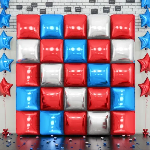 Vista 7 de Globos de aluminio cuadrados rojos, azules y plateados, kit de 25 globos de doble cara para fondo, túnel de helio, arco, guirnalda para el 4 de Rojo