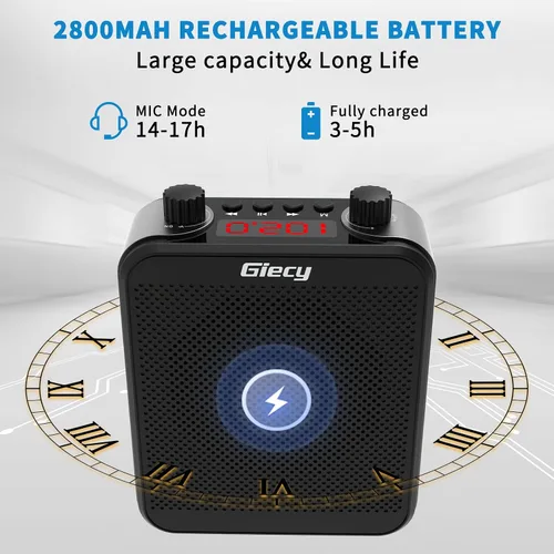 Vista 4 de Amplificador de voz portátil de 30 W con auriculares con micrófono cableado, sistema PA recargable de 2800 mAh, altavoz con micrófono personal