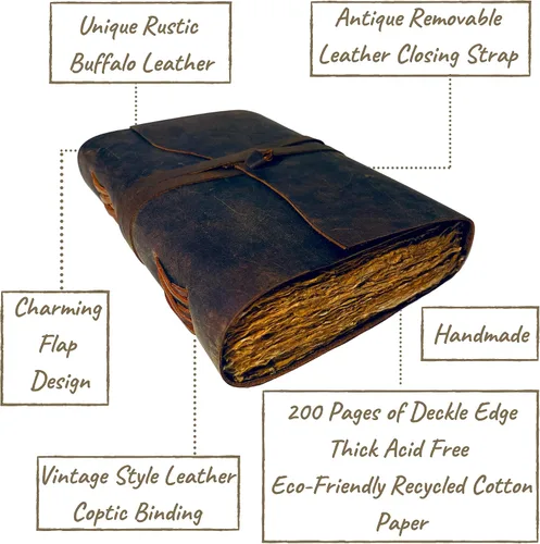 Vista 2 de Diario de cuero vintage – 200 páginas de papel rústico con borde irregular – Páginas sin líneas, Libro de las Sombras, Grimorio, Cuaderno de notas
