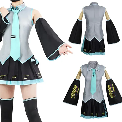 Vista 6 de Disfraz de anime para mujer, disfraz de Halloween, cosplay, conjunto completo de uniformes con pelucas, cola de caballo trenzada gris