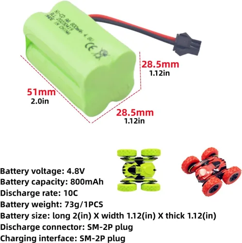 Vista 2 de AA 4.8V 800mah SM-2P Plug Batería recargable con cable de carga USB para 1/28 Stunt RC car C128 1/28 NB2801 NB2802 NB2803 doble cara Tumbling Spin