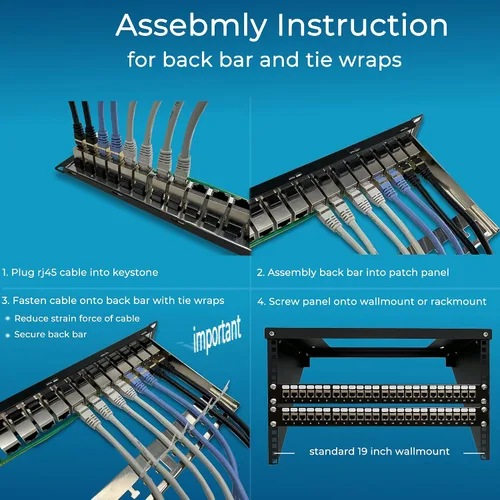 Vista 7 de Rapink Panel de conexión de 24 puertos Cat6A con soporte Keystone 10G en línea, panel de conexión acoplador blindado STP de 19 pulgadas con barra