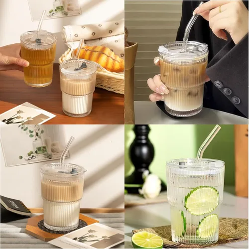 Vista 9 de Haundry Tazas de vidrio acanalado de 14 onzas con tapas y pajitas, paquete de 2 tazas de café helado, juego de cristalería gruesa, tazas de vidrio