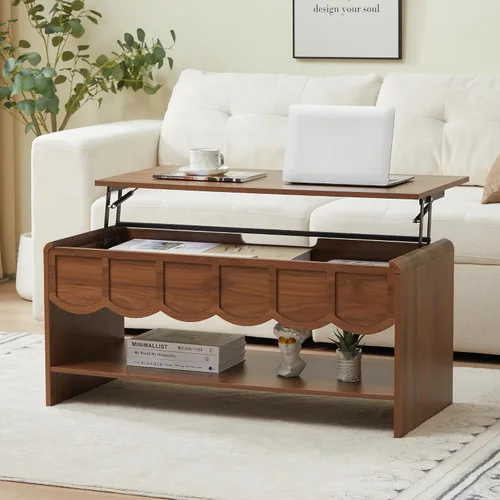 Vista 11 de Mesa de centro elevable con compartimento oculto, mesa central de madera de 2 niveles con panel ondulado, moderna mesa elevadora para el hogar, sala