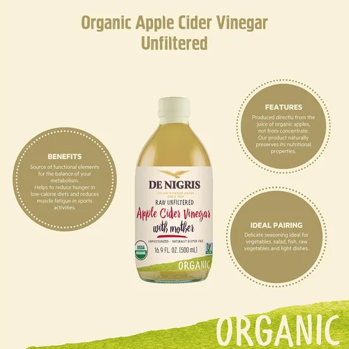 Vista 4 de De Nigris Vinagre de sidra de manzana orgánico crudo y sin filtrar 16,9 onzas (paquete de 2) Vinagre de sidra de manzana con madre una fuente