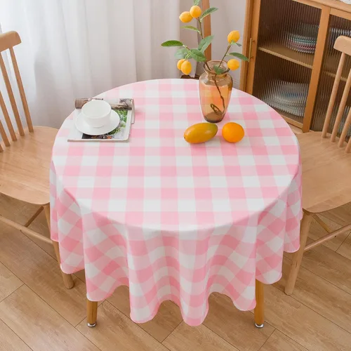 Vista 4 de Mantel Redondo Rosa de 60 Pulgadas Mantel a Cuadros Gingham - Cubierta de Mesa de Poliéster Rosa y Blanco a Cuadros Plaid Reutilizable Resistente al
