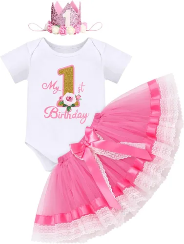 Vista 17 de ODASDO Conjunto de 3 piezas de mameluco de manga corta de algodón con estampado de flores, falda tutú, corona y diadema Rosa bebé