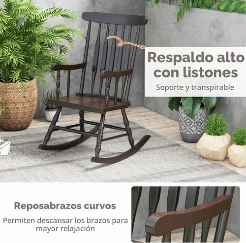 Vista 6 de Tangkula Silla mecedora de patio de madera de goma sólida, silla mecedora de porche exterior con marco de madera de goma, silla mecedora de madera