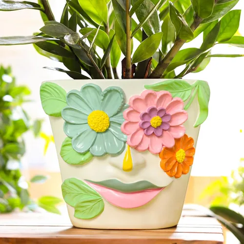 Vista 15 de GUGUGO Macetas únicas de cara para plantas, coloridas y lindas macetas para suculentas con drenaje, macetas abstractas de cabeza de arco iris
