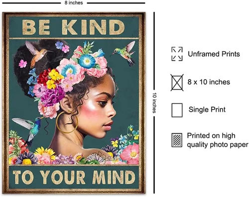 Vista 2 de Arte de pared de mujeres afroamericanas negras – Chica negra – Be Kind to Your Mind - Citas inspiradoras - Colibríes Salud mental Póster de arte