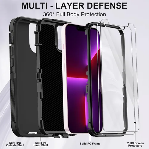 Vista 2 de Funda para iPhone 13 Pro Max con 2 protectores de pantalla, protección contra caídas a prueba de golpes, cuerpo completo, resistente, 3 capas, Negro