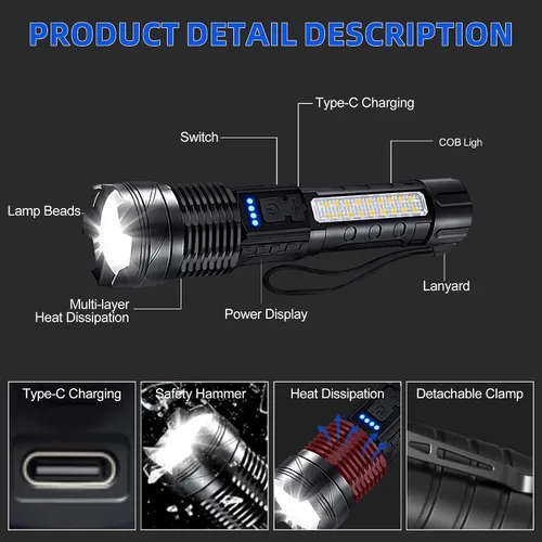 Vista 5 de Linternas Recargables de Alto Lumen, Linterna Recargable de 7 Modos, Linterna LED Súper Brillante con Luz Táctica Ajustable, Linterna de Mano