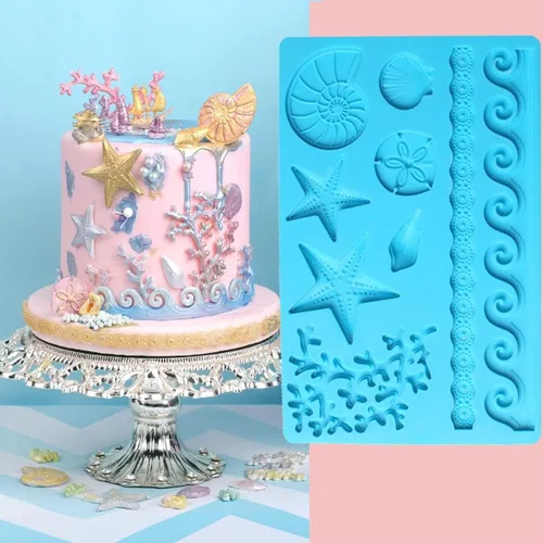 Vista 7 de Sea Shell Silicona Fondant Molds Beach Theme Cake Decorating Starfish, Coral, Conch, Sea Wave Designs, Food Grade Platinum Silicone, For