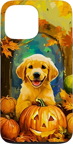 Vista 24 de Cute Golden Retriever Fall Pumpkin Autumn Leaves Halloween Case for iPhone 16