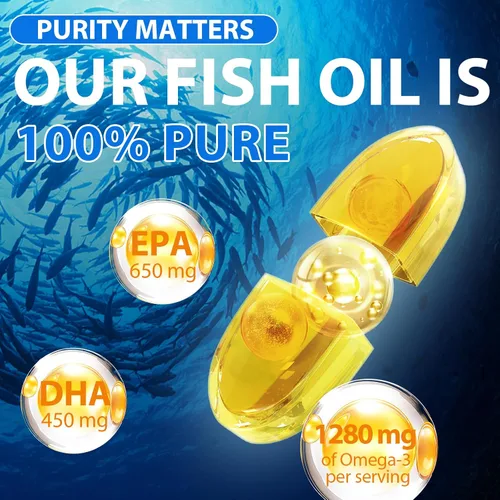 Vista 2 de Aceite de pescado Omega 3, suplemento Omega 3 de aceite de pescado para mujeres y hombres, 1280 mg por porción de alto EPA y DHA que apoya la salud