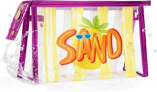 Vista 10 de COSHAYSOO Bolsa de Maquillaje Transparente con Protección Solar, Bolsa de Protector Solar con Parches de Letras, Accesorios Esenciales de Playa