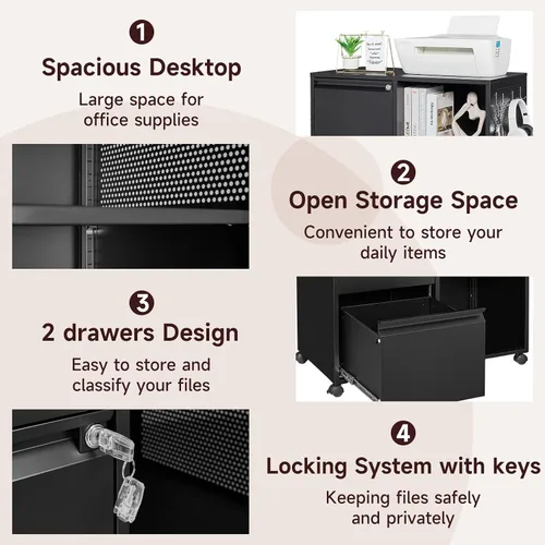 Vista 5 de Archivador de 2 cajones para oficina en casa, archivadores rodantes con cerradura, caninete de metal para debajo del escritorio con ruedas para A4