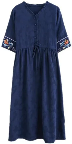 Vista 7 de QIGUANDZ Vestido de lino de algodón casual de jacquard floral para mujer, vestido elegante con bordado de manga corta con cordones y cintura definida