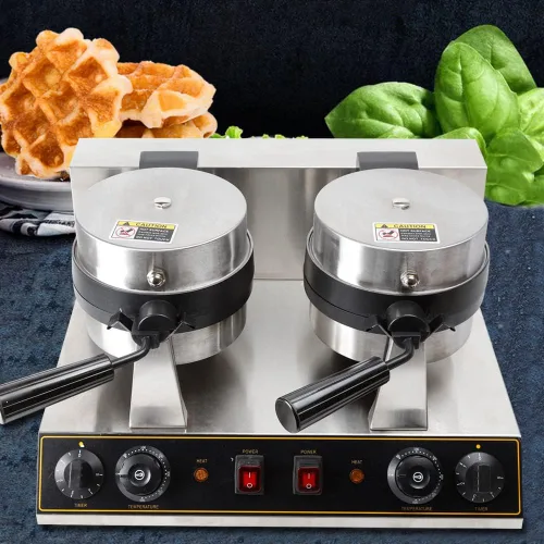 Vista 3 de Máquina de gofres belga de doble cabeza comercial giratoria de doble alerón para desayunar, cocina antiadherente, resistente, para restaurante, mini