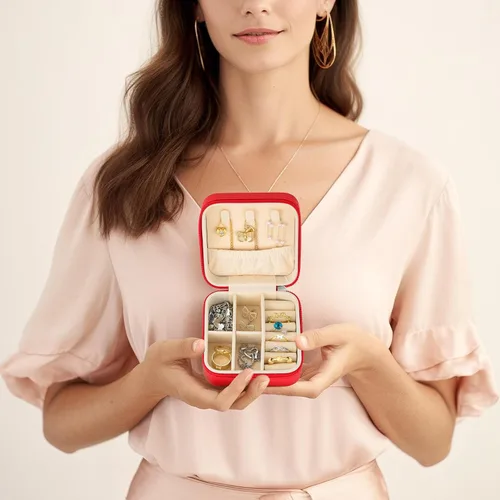 Vista 2 de MJartoria Joyero de viaje, pequeñas cajas de joyería para mujeres y niñas, caja organizadora de joyas portátil roja, regalos de moda